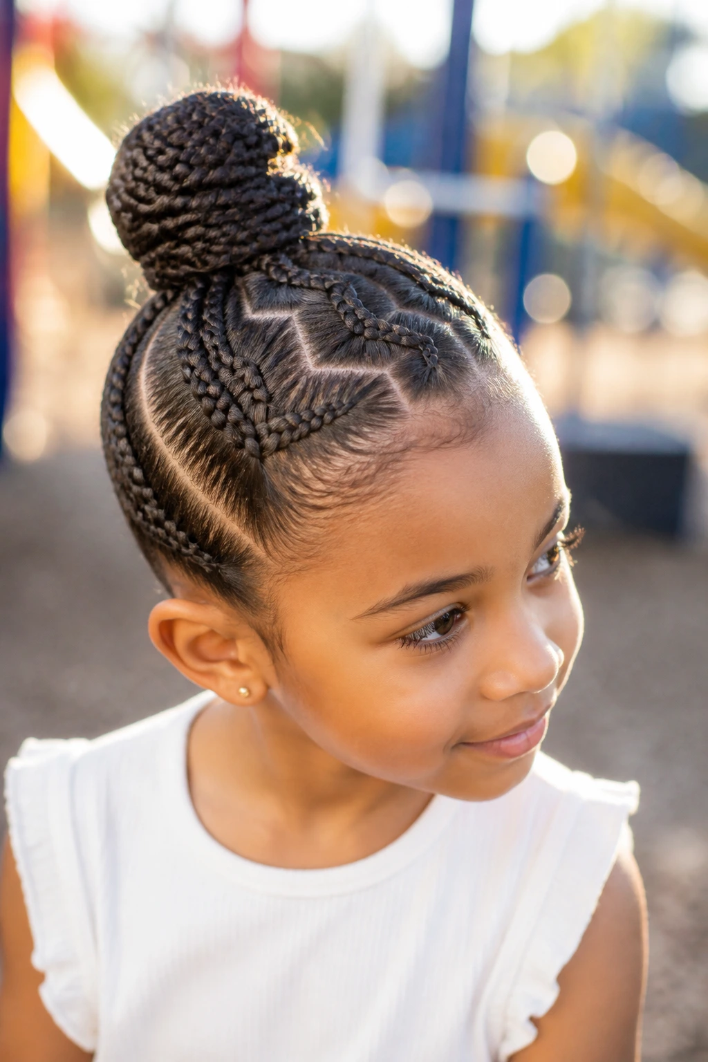 Zigzag-part crown bun on real child with wide zigzag part around crown