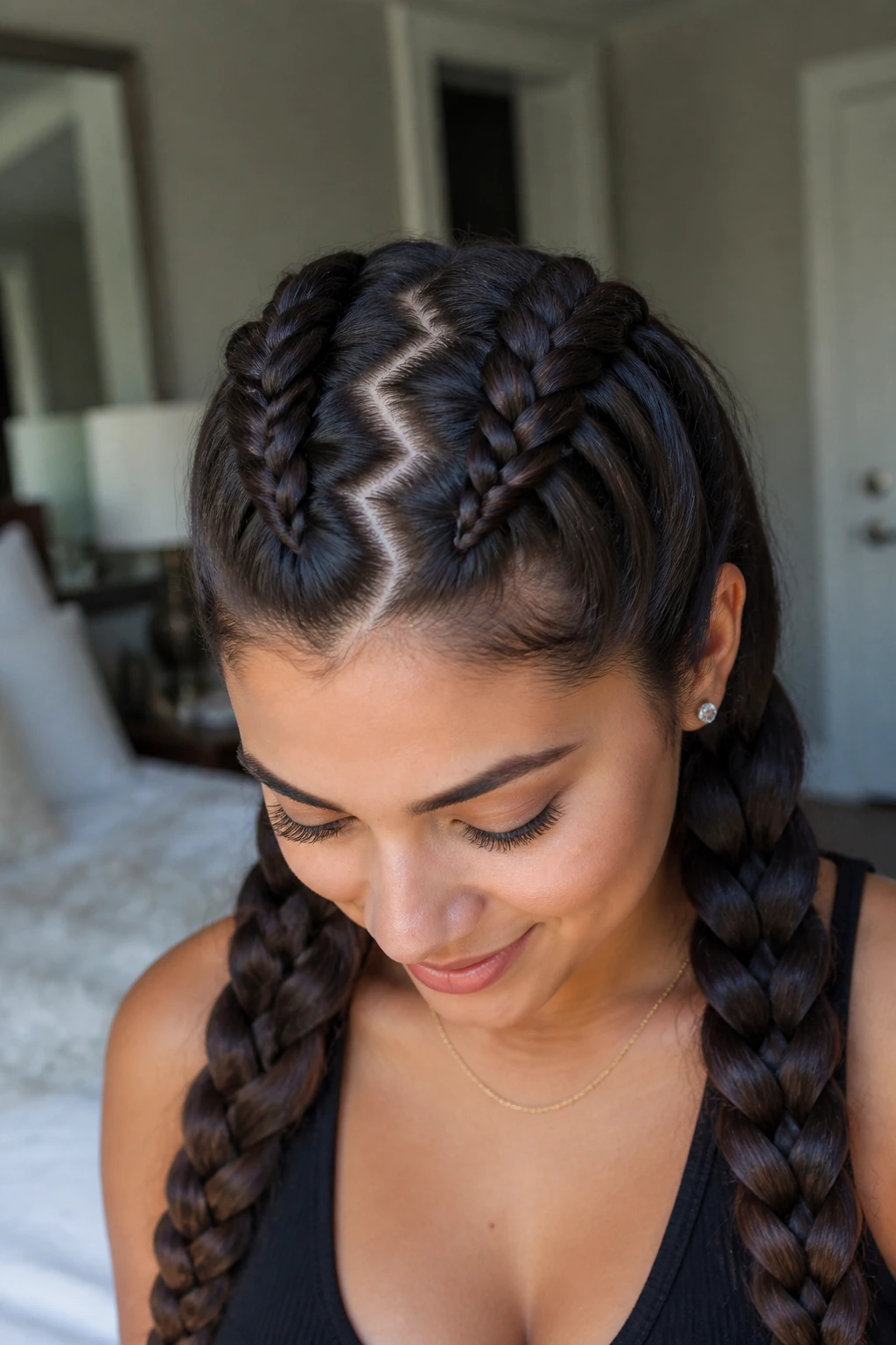 Close-up of a real woman with a zigzag-part Dutch braid crown in soft bedroom light.