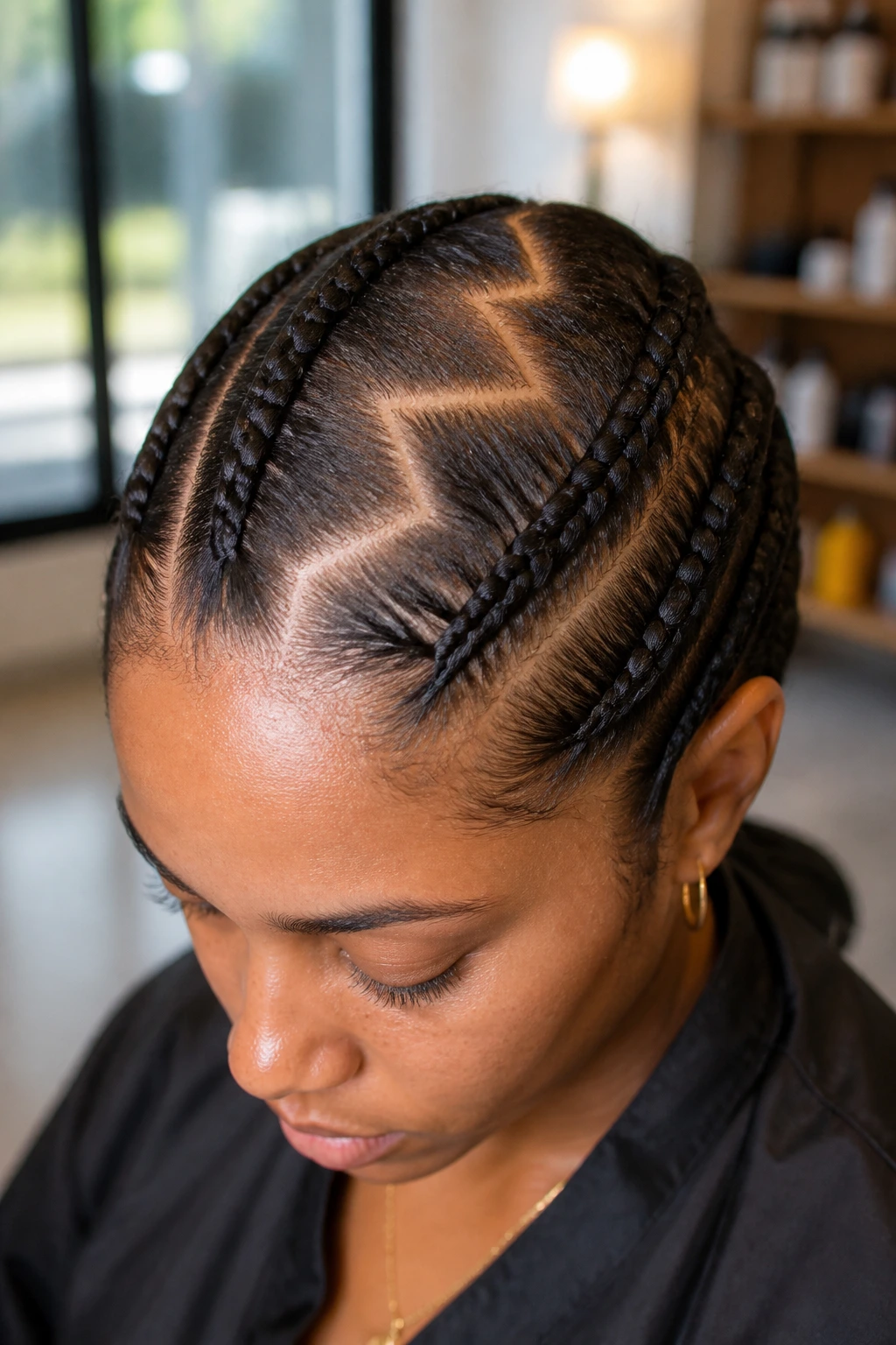 Close-up of a real woman with a zigzag-part Dutch braid on fine hair in a salon
