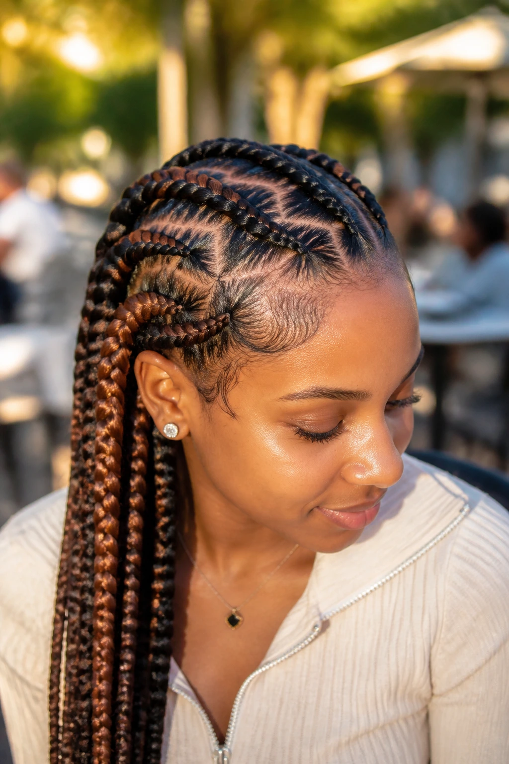 Real woman with zigzag feed-in braids and chestnut slices