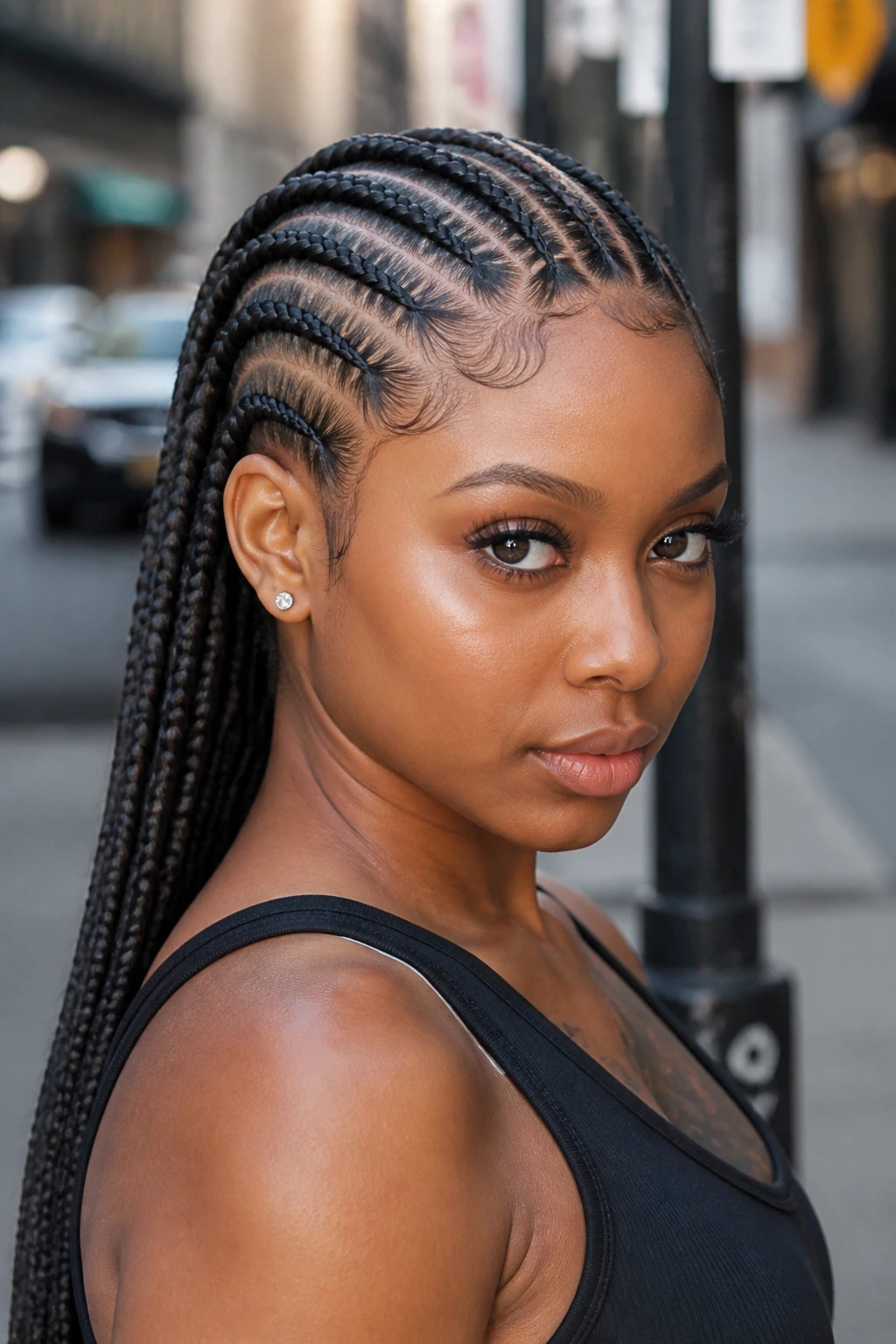 Portrait of a real woman with zigzag front part and straight-back cornrows