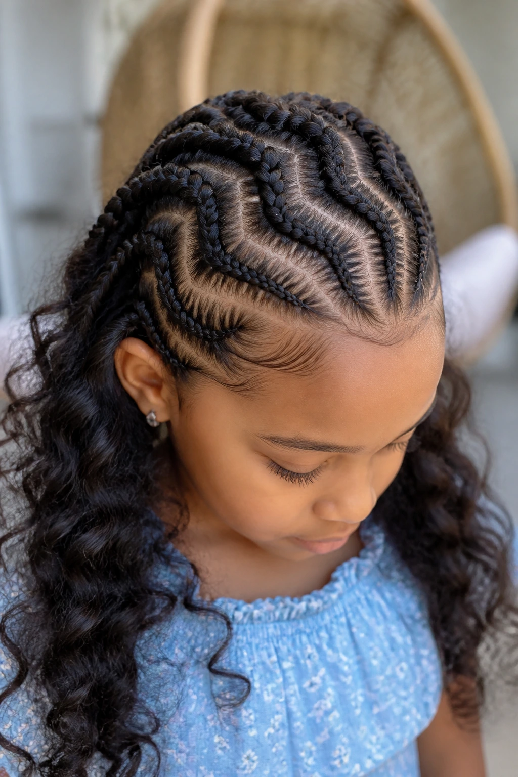 Girl with zigzag-part half cornrows
