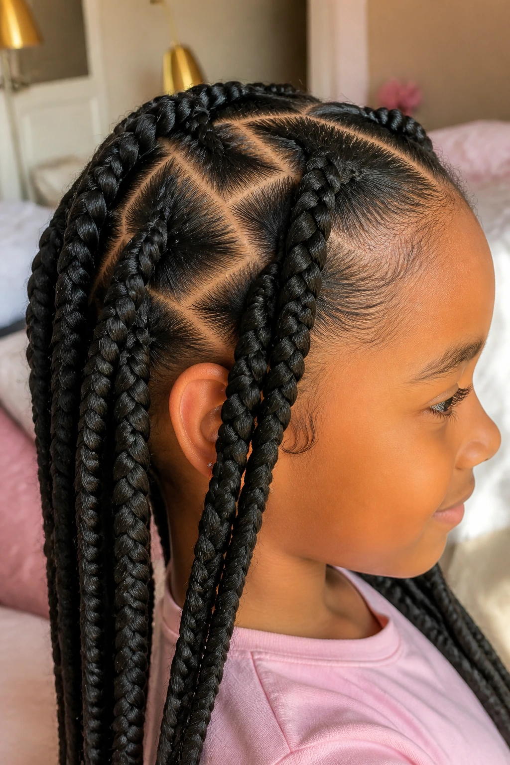Close-up of jumbo braids with zigzag part in a young girl's hair.