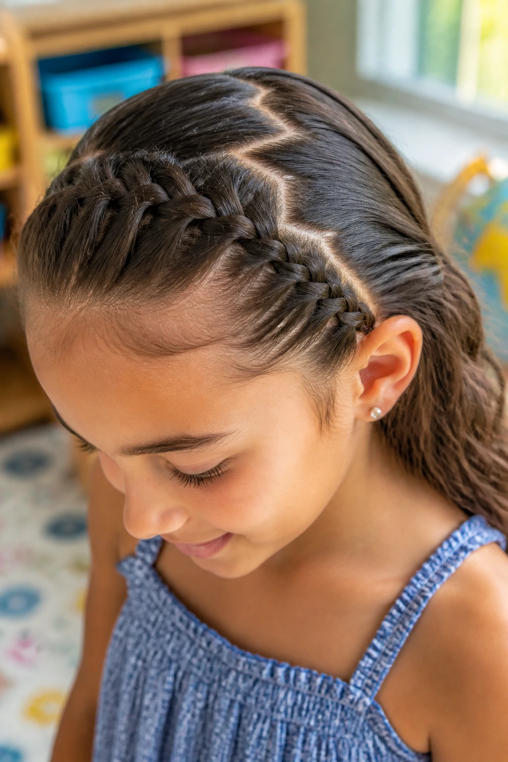 Close-up of a real child with a zigzag-part French weave in a classroom