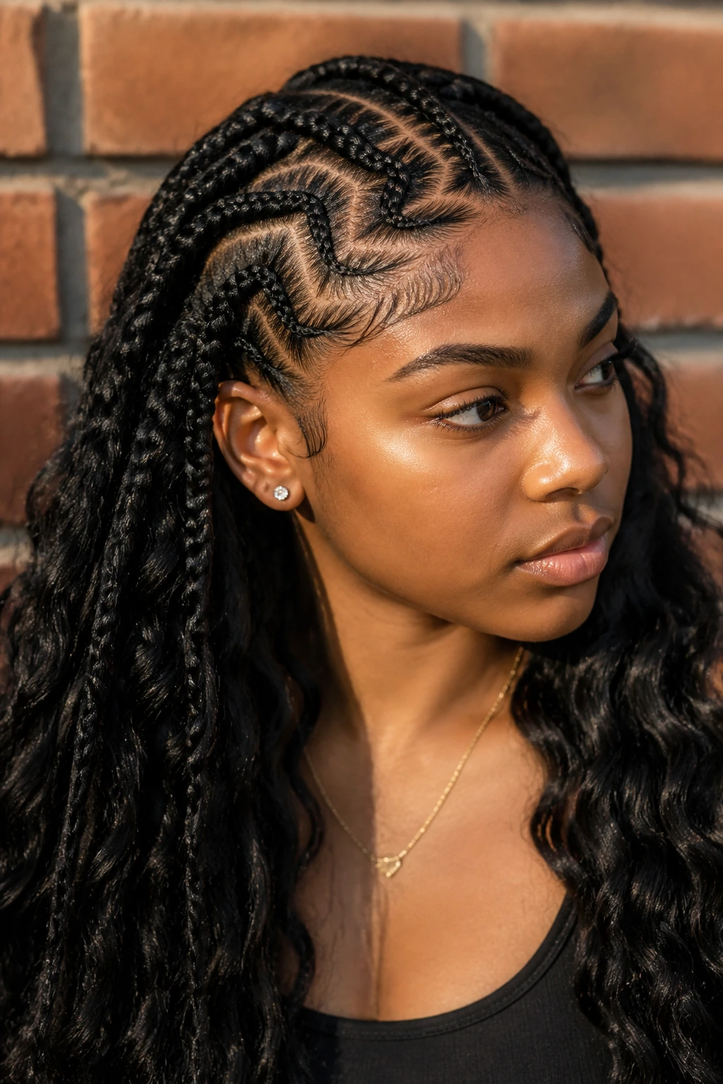 Close-up of zigzag-part braids on a real woman's scalp.