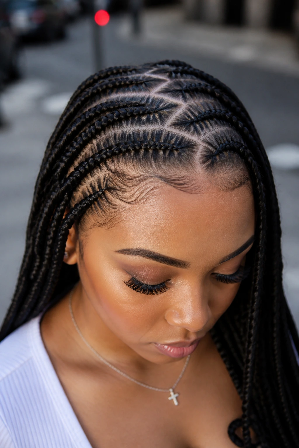 Close-up zigzag part braids on a real woman