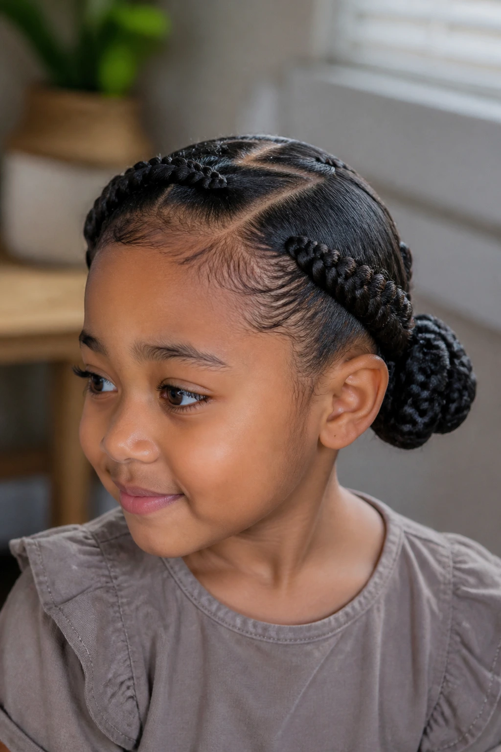 Close-up of a real child with zigzag part braids leading to a side-sitting bun behind the ear