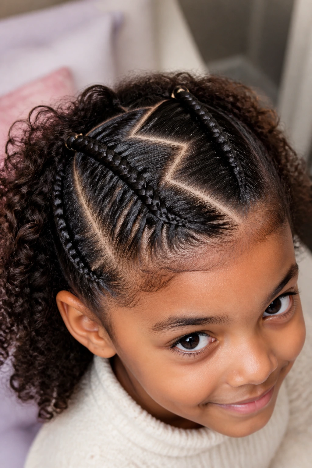 Close-up of a child with zigzag part braids in curly hair in a cozy bedroom.