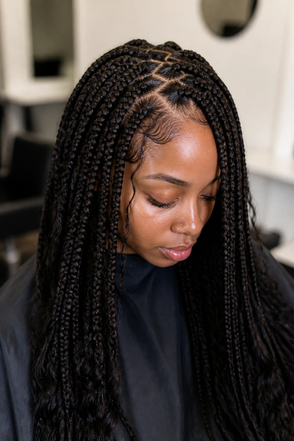 Close-up of a real woman with a zigzag-part long braids.