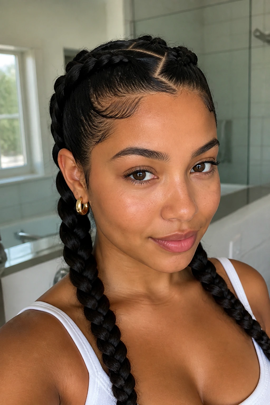 Close-up of zigzag-part double braids on thick hair