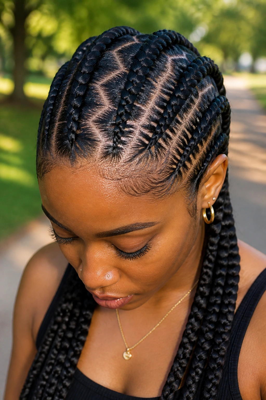 Close-up of a real woman with zig-zag part feed-in French braids along the scalp