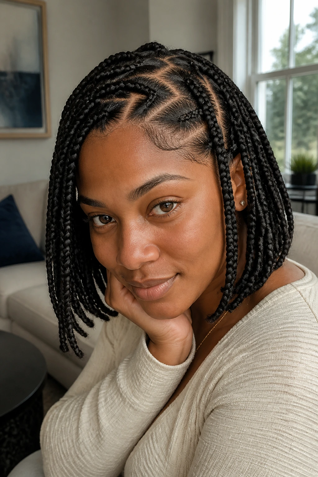 Close-up of real woman with zig-zag part knotless braids in living room light