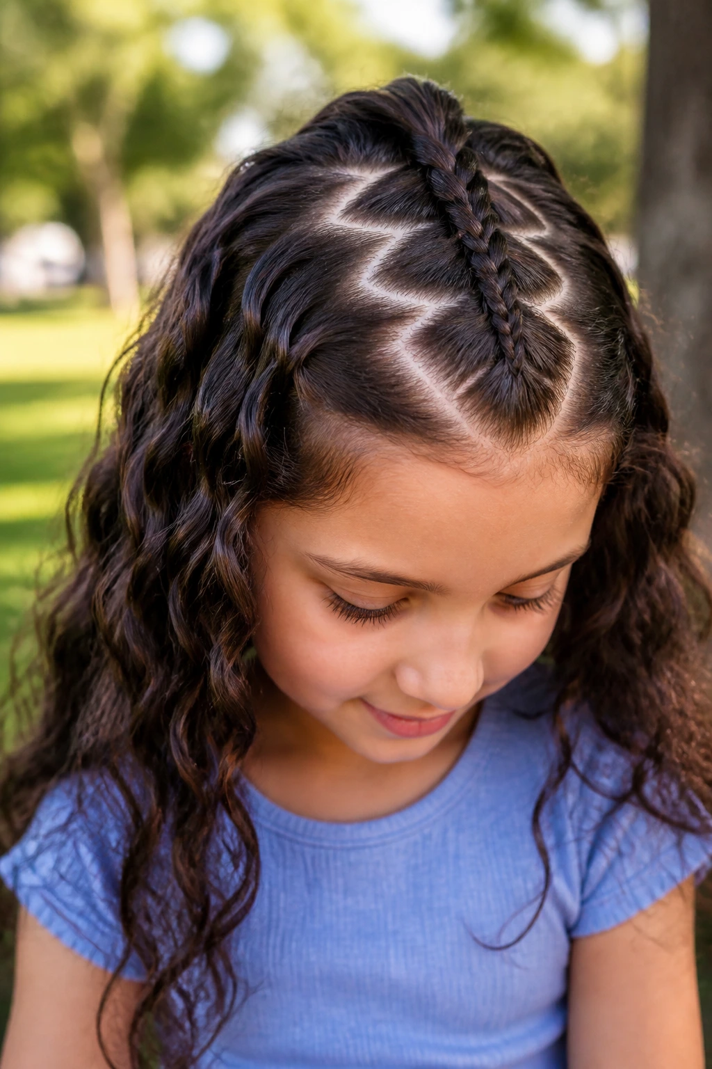 Child with zigzag part mohawk in park sunlight.