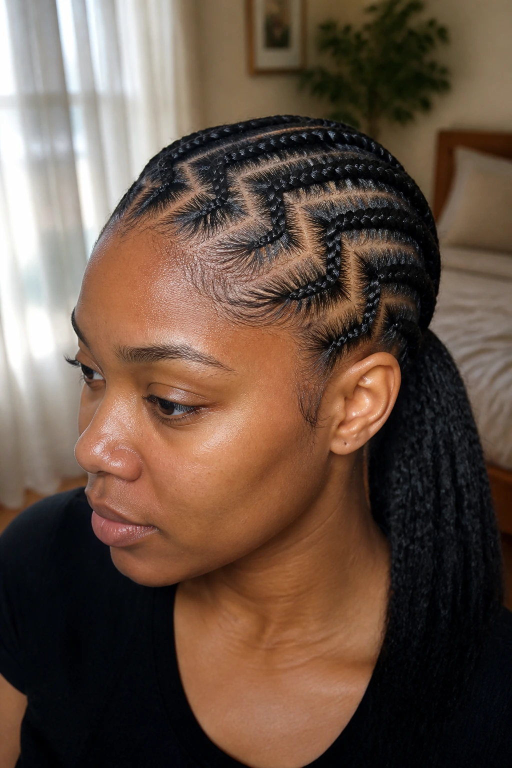 Close-up of a real woman with a zigzag part and ponytail