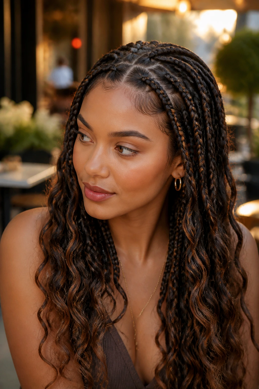 Close-up of a real woman with zigzag part braids and S-wave finish