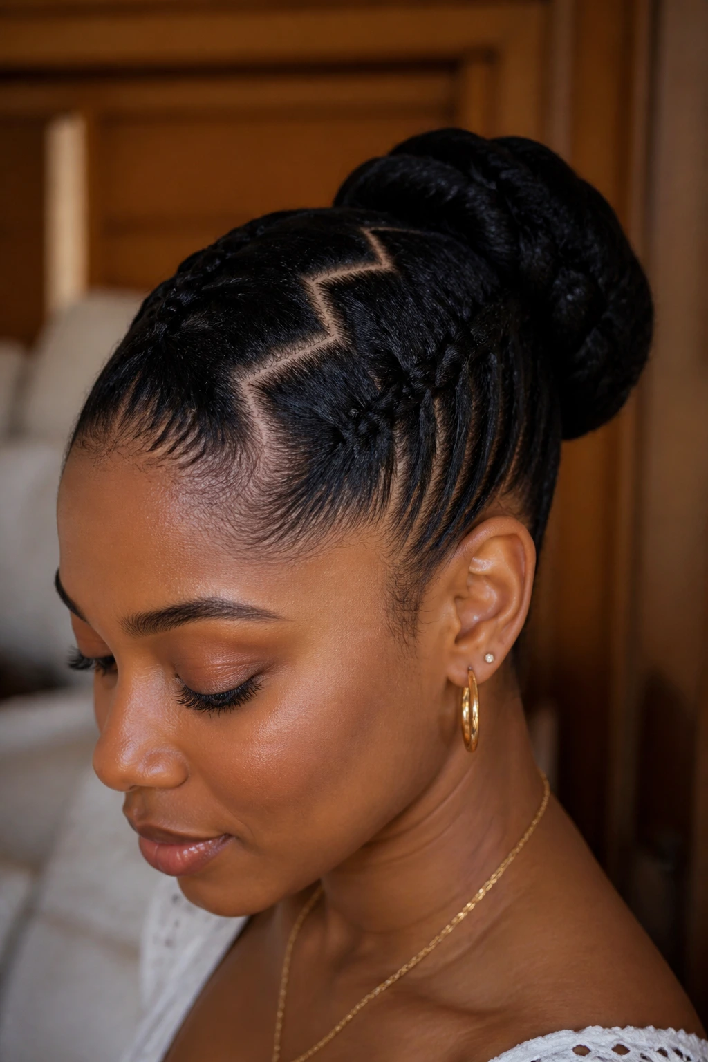 Real person with zigzag-part sculpted bun in warm interior