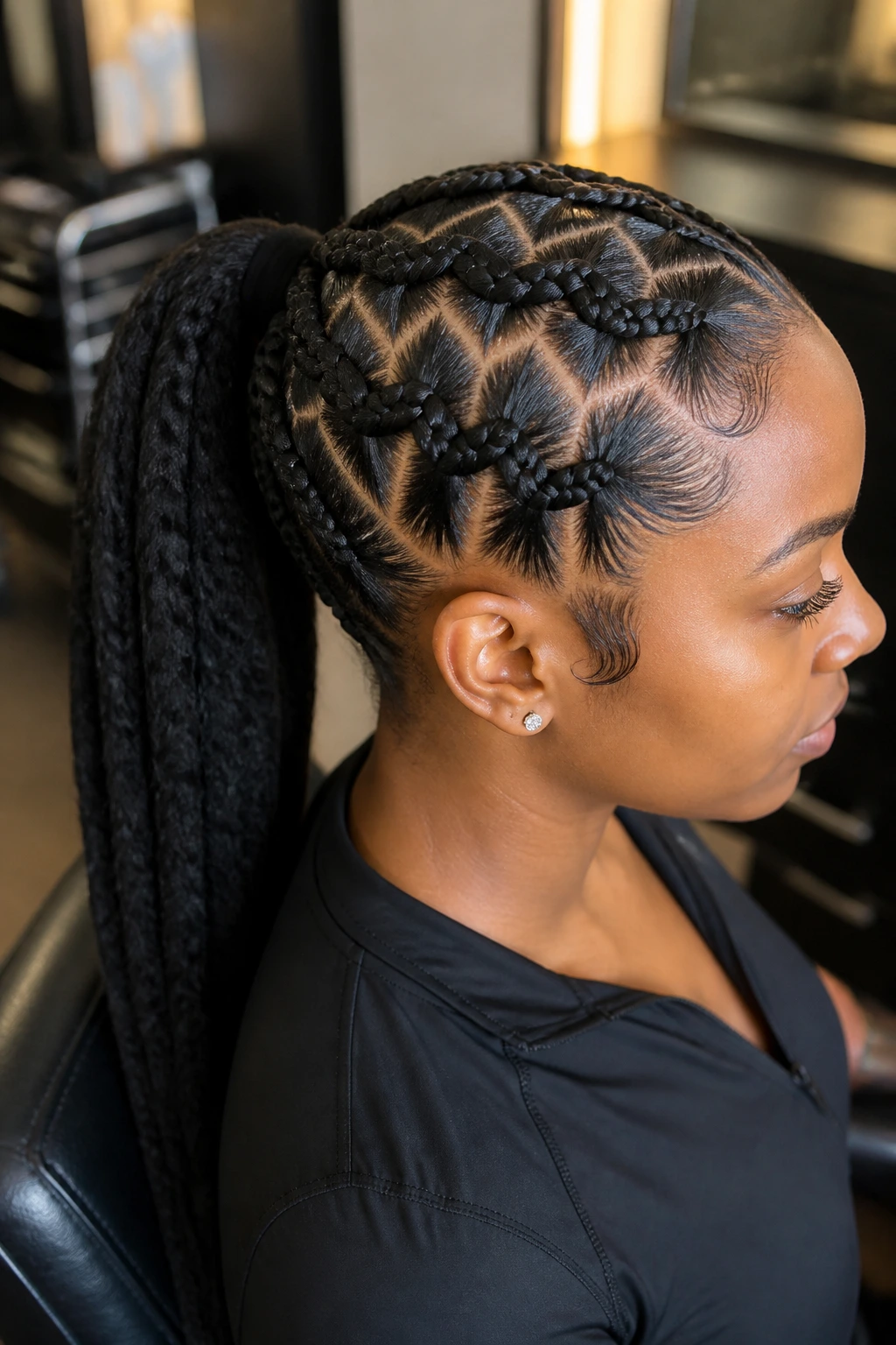 Close-up of zigzag part lines and sleek ponytail on a real woman in a salon setting