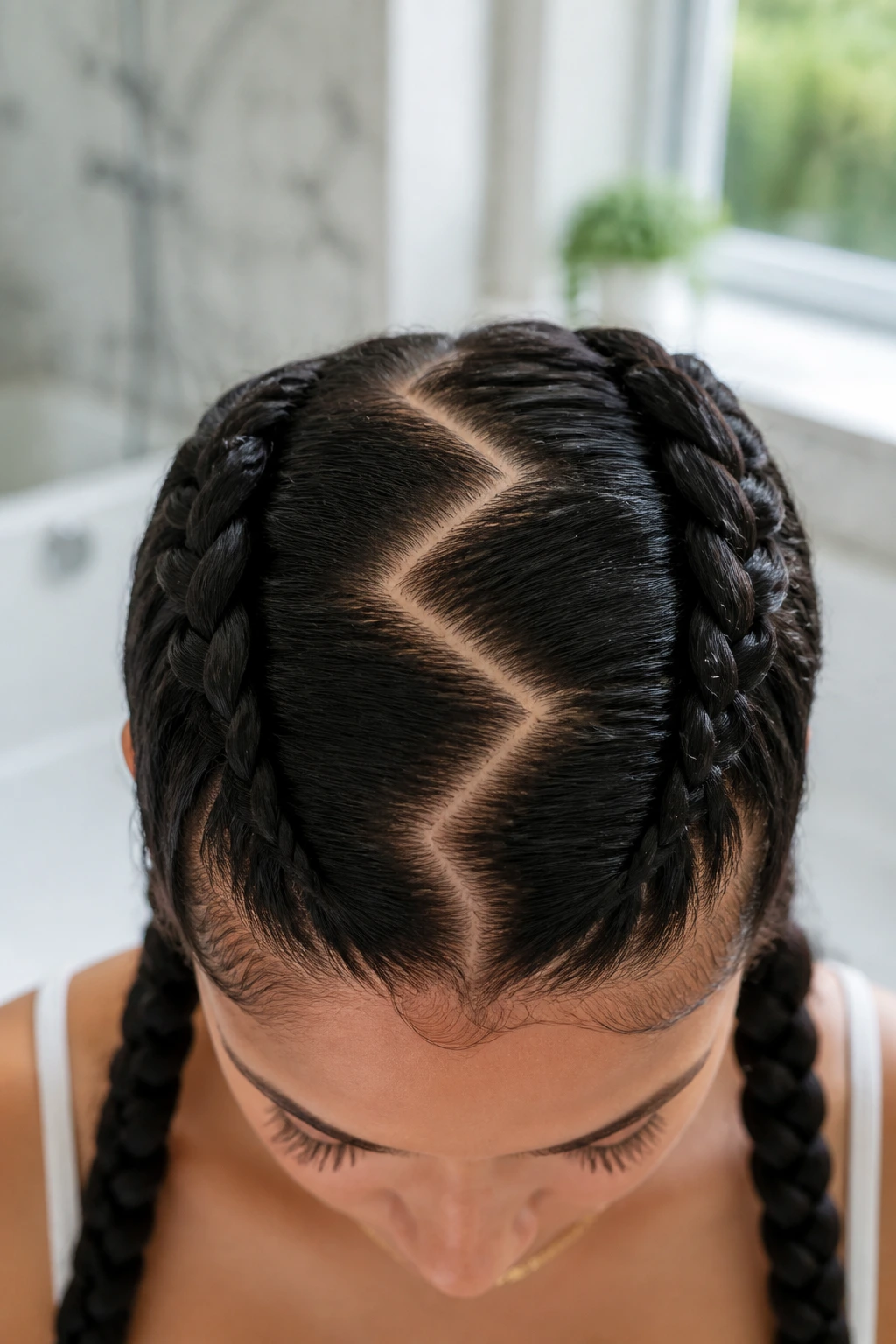Top-of-head close-up with zigzag part twin braids on a real woman