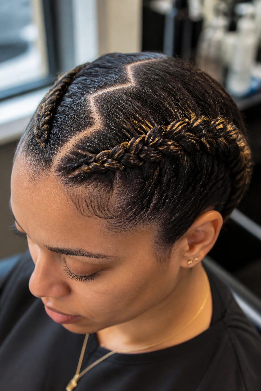Close-up of twin braids with zigzag part and babylights on a real person